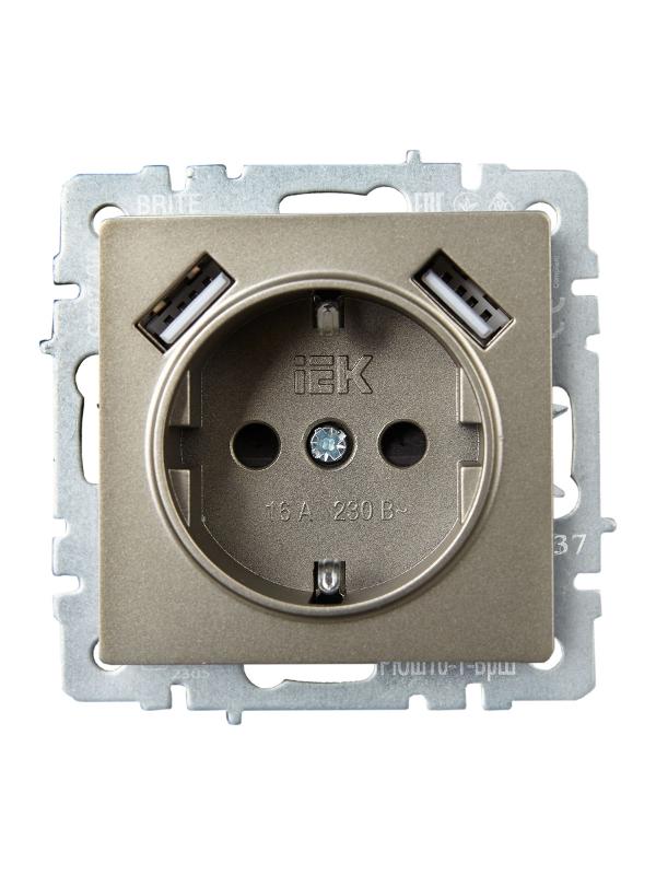 BRITE Розетка с заземлением со шторками 16А с USB A+A 2,1А РЮш10-1-БрШ шампань | BR-R14-16-U21-D21-K37 | IEK — миниатюра 2