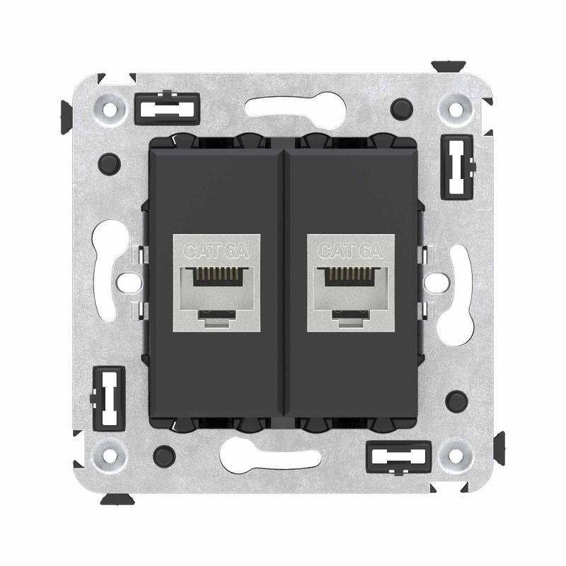 Компьютерная розетка RJ-45 без шторки в стену, кат.6А двойная экранированная, "Avanti", "Черный матовый" | 4412774 | DKC — миниатюра 1