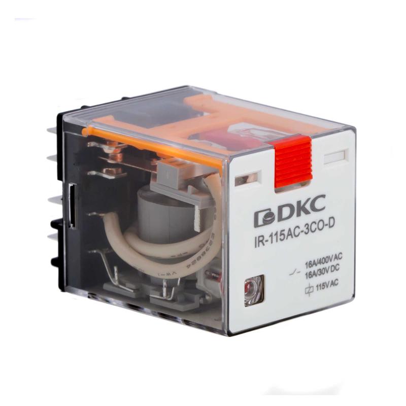 Реле миниатюрное силовое, 3CO, ком. ток 16А, AgSnO2, напряжение 115V AC, опция: тест-кнопка+светодиод | IR-115AC-3CO-D | DKC — миниатюра 1