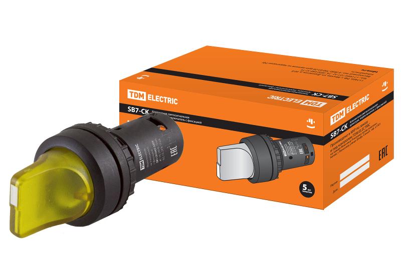 Переключатель на 3 положения с фиксацией SB7-CK3565-220V короткая ручка(LED) d22мм 1з+1р желтый | SQ0746-0069 | TDM — TDM ELECTRIC