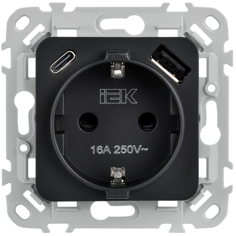 FLITE Розетка с заземлением со шторками 16А с USB A+C 20Вт быстрозажимные клеммы РСЮшс11-1-ФлЧ черный | FI-R14-16-1-U22-020-K02 | IEK — миниатюра 2
