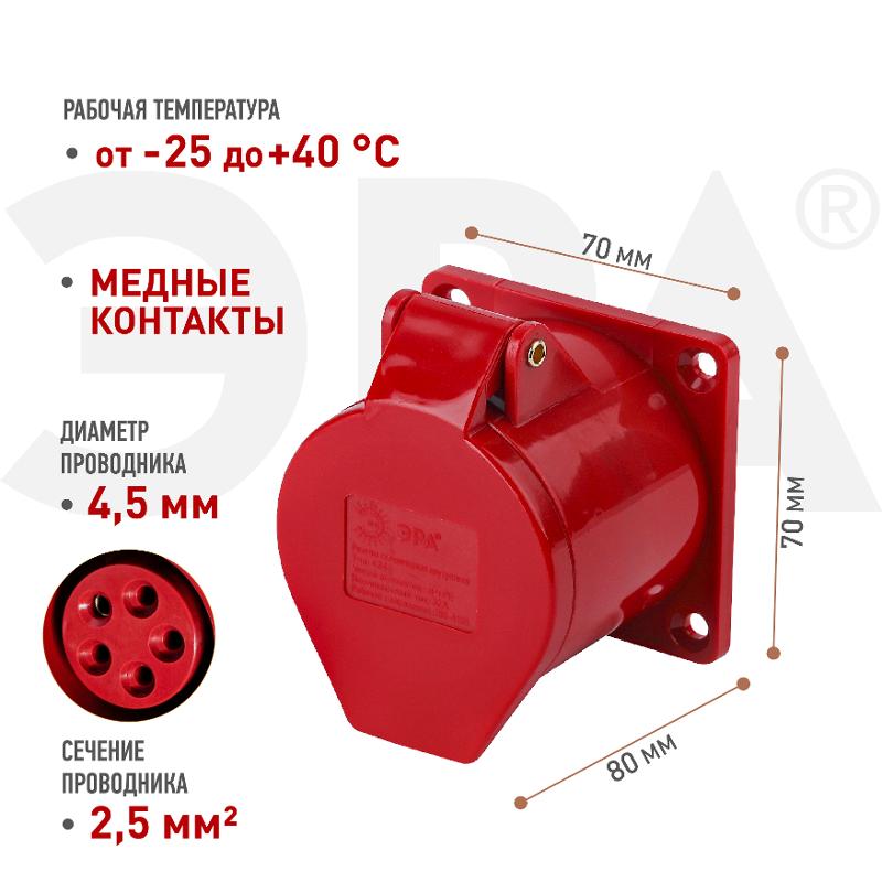 Розетка ЭРА стационарная внутренняя 425 3Р+РЕ+N 32А 380В IP44 | Б0032873 | ЭРА — миниатюра 3