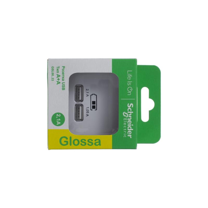 Glossa Белый USB Розетка, 5В/2100мА, 2х5В/1050мА, механизм | GSL000133 | SE — миниатюра 2