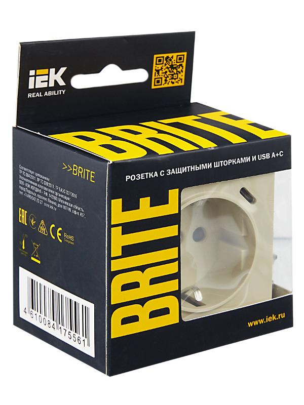 BRITE Розетка с заземлением со шторками 16А с USB A+C 18Вт РЮш11-1-БрКр бежевый | BR-R14-16-U22-018-K10 | IEK — миниатюра 8