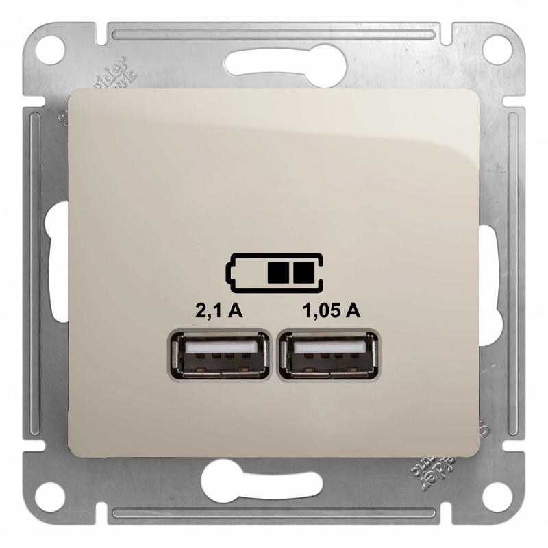 Glossa Молочный USB Розетка, 5В/2100мА, 2х5В/1050мА, механизм | GSL000933 | SE — Systeme Electric