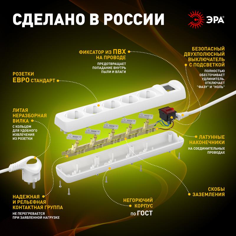 Удлинитель 5 гнезд 3м с/з 16А с выключателем 3x1мм2 U-5es-3m-3x1  ПВС Россия | Б0028382 | ЭРА — миниатюра 4