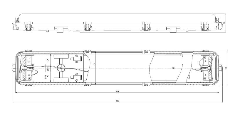 Светильник линейный пылевлагозащищенный под 2 светодиодные лампы T8 G13  SPP-103-0-102-060 IP65   2x600мм транзитный с отражателем 20шт в линию | Б006 — миниатюра 5
