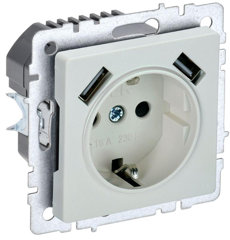 BRITE Розетка с заземлением со шторками 16А с USB A+A 3,1А РЮш10-2-БрЖ жемчужный | BR-R14-16-U21-D31-K36 | IEK — миниатюра 1