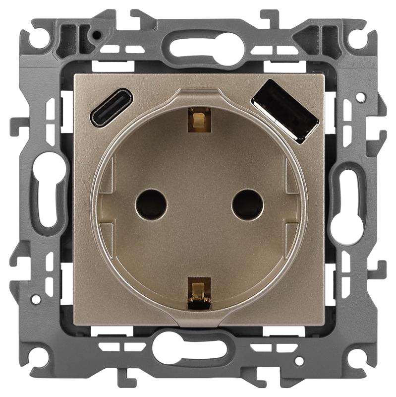 Розетка  Серия 12 12-4108-04 2P+E 16A-250В со шторками с USB type-A+C 5В-3А шампань | Б0067727 | ЭРА — миниатюра 1
