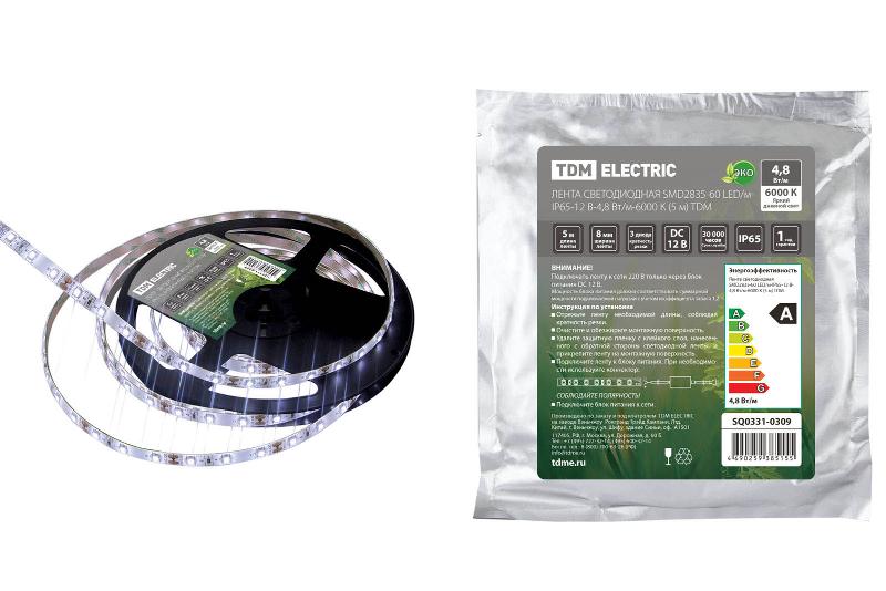 Лента светодиодная SMD2835-60 LED/м-IP65-12 В-4,8 Вт/м-6000 К (5 м) | SQ0331-0309 | TDM — TDM ELECTRIC