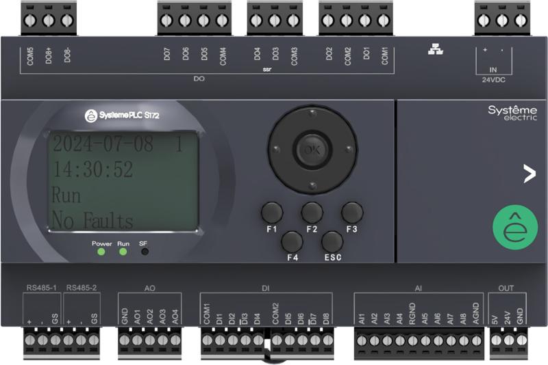 ПЛК S172; 24 VDC; дисплей; 28 IO: 8 DI, 8 DO (6 реле, 2 SSR), 8 AI, 4 AO, 2xRS485, 1xRJ45 | SM172PS11BDM | SE — Systeme Electric