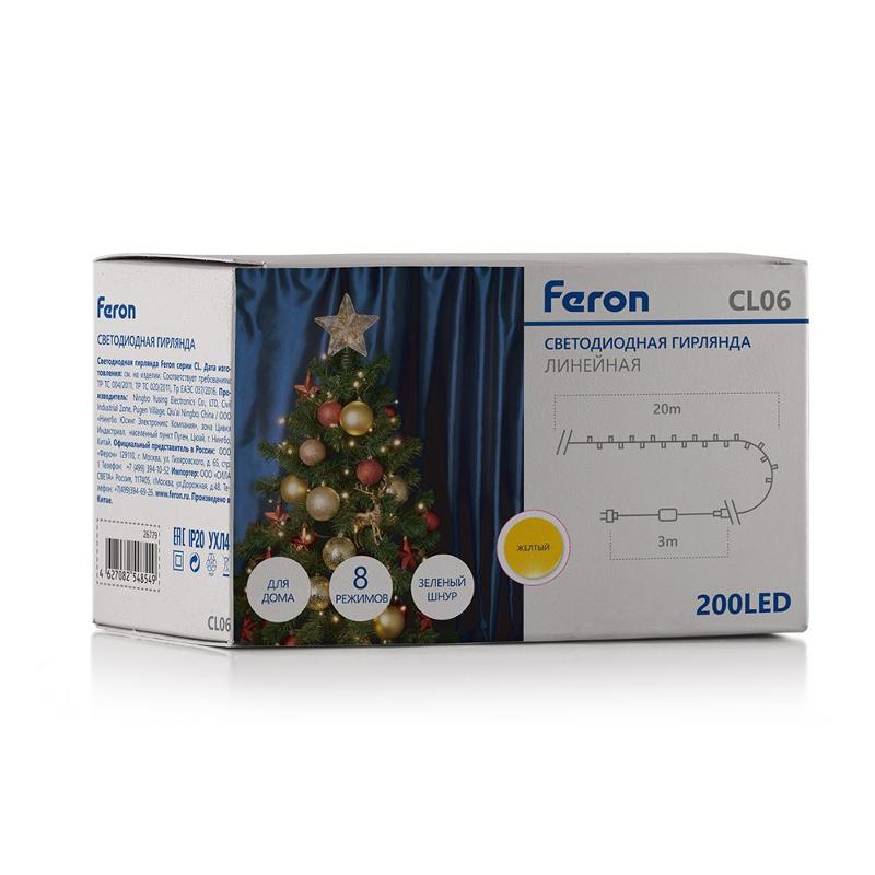 Гирлянда светодиодная линейная 230V 200 LED желтый, IP 20, шнур 3м , CL06 | 32314 | FERON — миниатюра 4