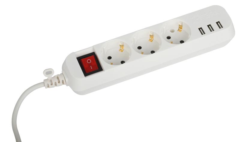 Удлинитель электрический U-3es-3m-USB c заземлением с выключателем 3 розетки + 3xUSBA 3м 10А — миниатюра 2