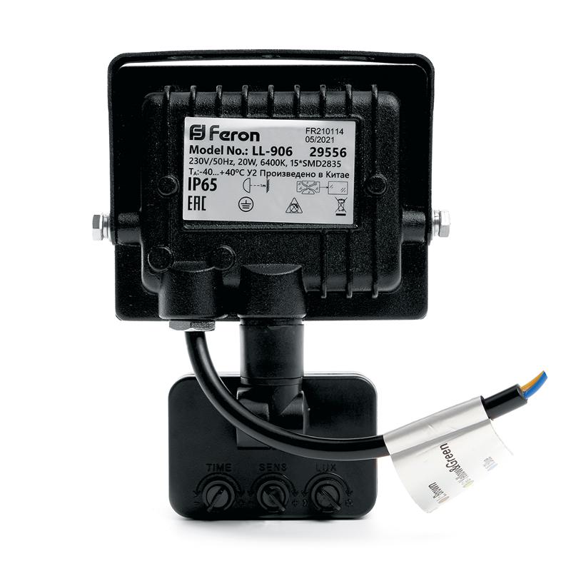 Прожектор светодиодный LL-906 с датчиком 20W 6400K 230V черный IP44 121*160*53мм | 29556 | FERON — миниатюра 3