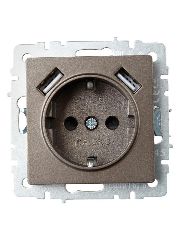 BRITE Розетка с заземлением со шторками 16А с USB A+A 2,1А РЮш10-1-БрТБ темная бронза | BR-R14-16-U21-D21-K45 | IEK — миниатюра 2