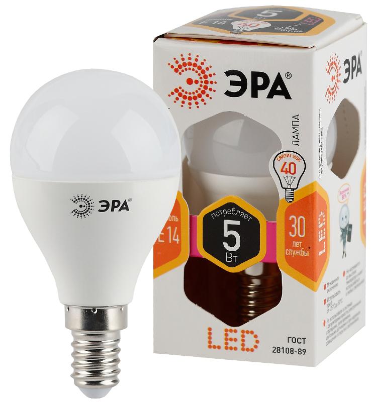 Лампа светодиодная LED 5Вт E14 220В 2700К smd P45 шар | Б0028485 | ЭРА — миниатюра 1