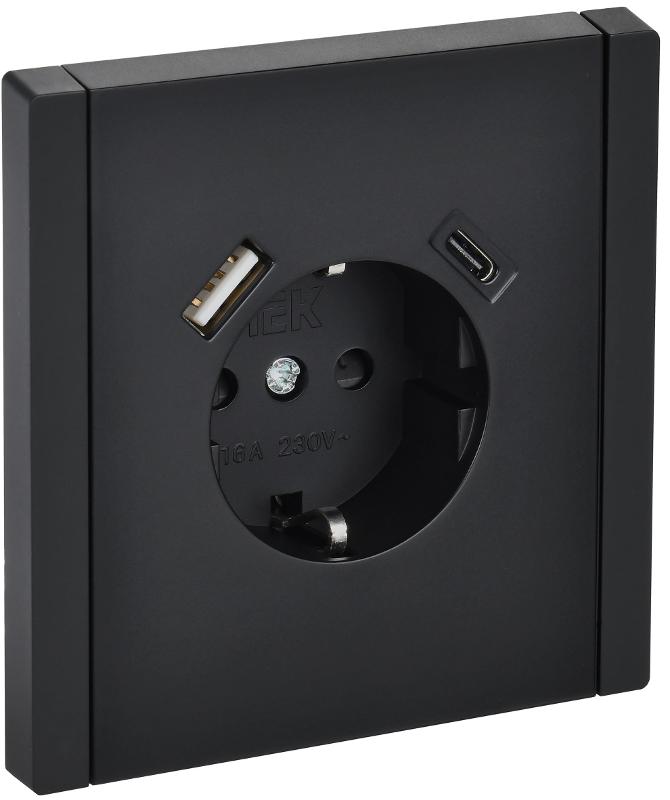 FORTE&PIANO Розетка с заземлением, со шторками в/к 16А USB A+C 18Вт FP147 черный | FP-R14-16-U22-018-K02 | IEK — миниатюра 1