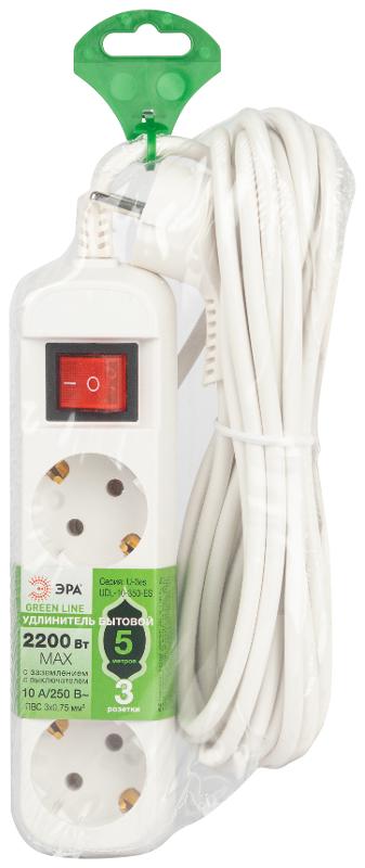 Удлинитель электрический ЭРА UDL-10-350-ES Greenline 3 розетки с заземлением с выключателем 5м ПВС 3x0.75мм2  | Б0065080 | ЭРА — миниатюра 2