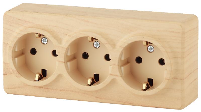 Розетка 11-2208-11  3х2P+E Schuko, 16АХ-250В, ОУ, Эксперт, Сосна |Б0020702 | ЭРА — миниатюра 1