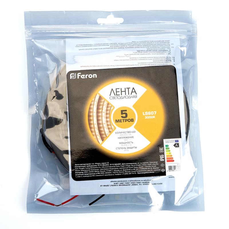 Лента светодиодная LS607/ 60SMD(5050)/м 14.4Вт/м 12V 5000 *10*3мм 3000К, IP65 | 27654 | FERON — миниатюра 3