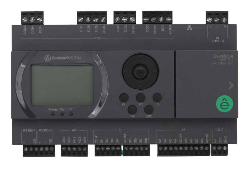 ПЛК S172; 24 VDC; дисплей; 28 IO: 8 DI, 8 DO (транзистор), 8 AI, 4 AO; 2xRS485, 1xRJ45 | SM172PS11BDT | SE — Systeme Electric