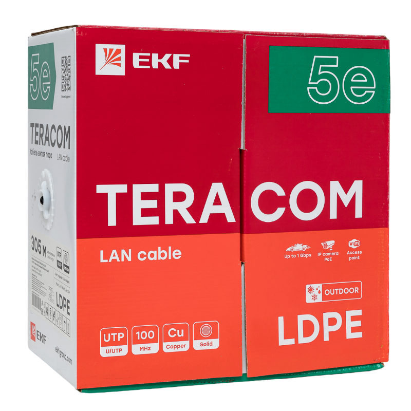 Кабель витая пара TERACOM Cat.5E U/UTP 4 пары solid внешний цвет черный упак. 305м)| TRC-5EUTP-04PE-BK-OUT3 | EKF — миниатюра 2