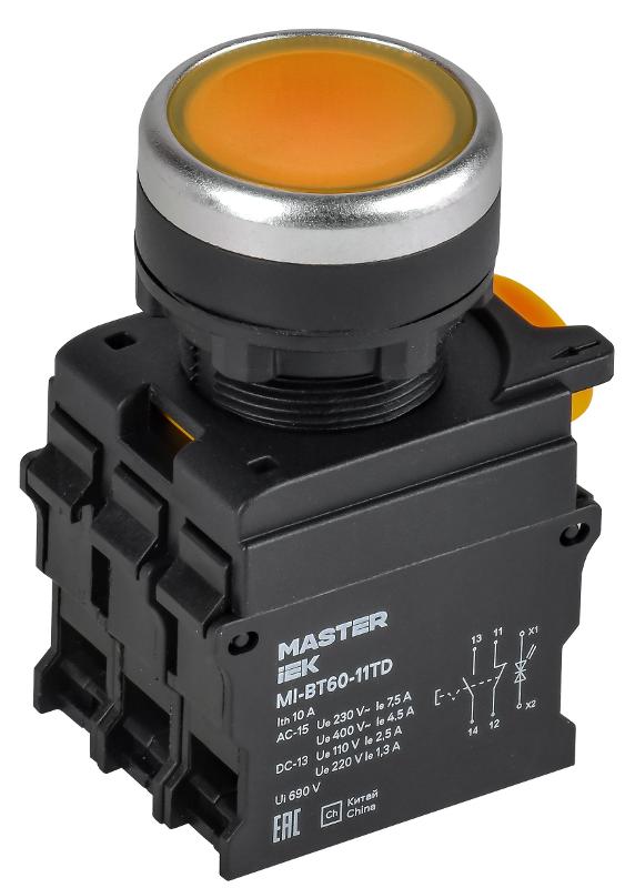 Кнопка с подсвет. и фикс. d=22мм 1NO+1NC жёлтая MASTER | MI-BT60-11TD-3-11-K05 | IEK — IEK (ИЭК)