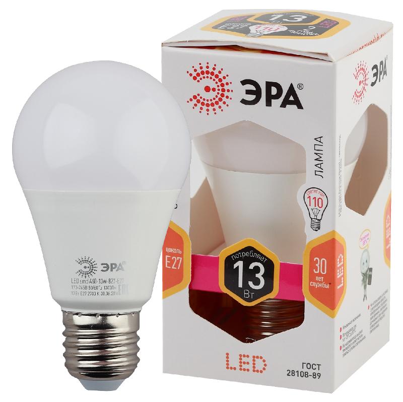 Лампа светодиодная LED 13Вт Е27 220В 2700К smd A60 груша | Б0020536 | ЭРА — миниатюра 1