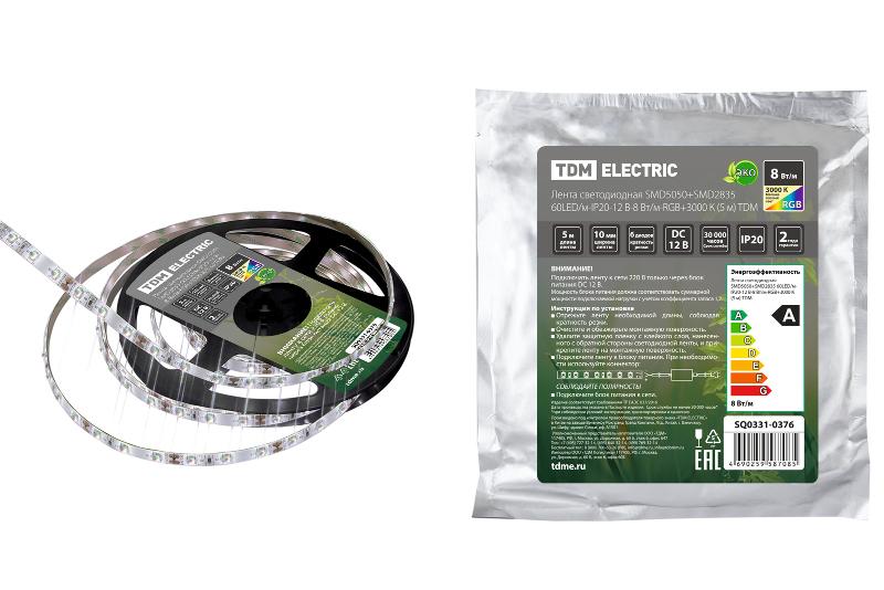 Лента светодиодная SMD5050+SMD2835 60LED/м-IP20-12 В-8 Вт/м-RGB+3000 К (5 м) | SQ0331-0376 | TDM — TDM ELECTRIC