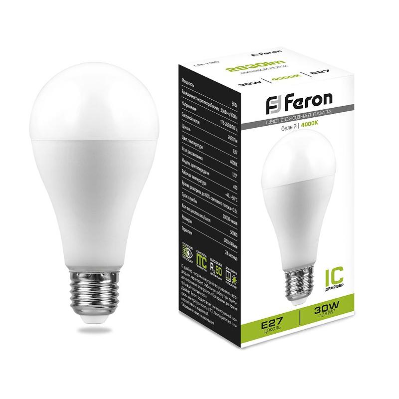 Лампа светодиодная, (30W) 230V E27 4000K A80, LB-130 | 38195 | FERON — фото 1 | Sento