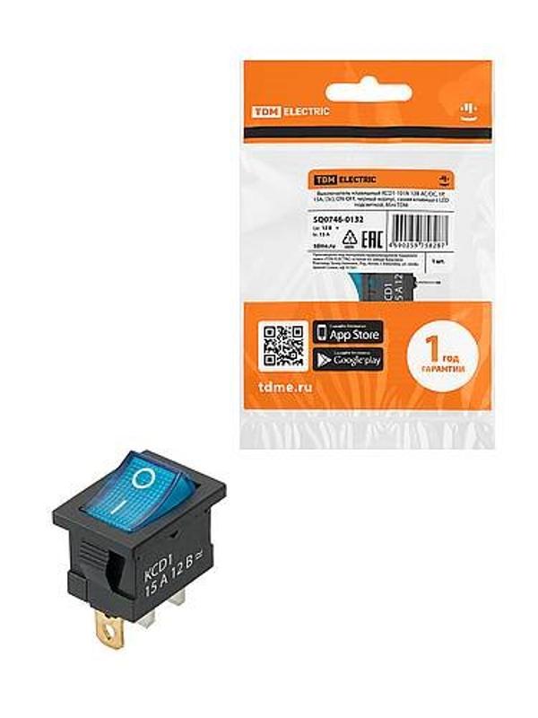 KCD1-101N 12В AC/DC, 1P, 15А, (3с), ON-OFF, черный корпус, синяя клавиша, LED, Mini | SQ0746-0132 | TDM — TDM ELECTRIC