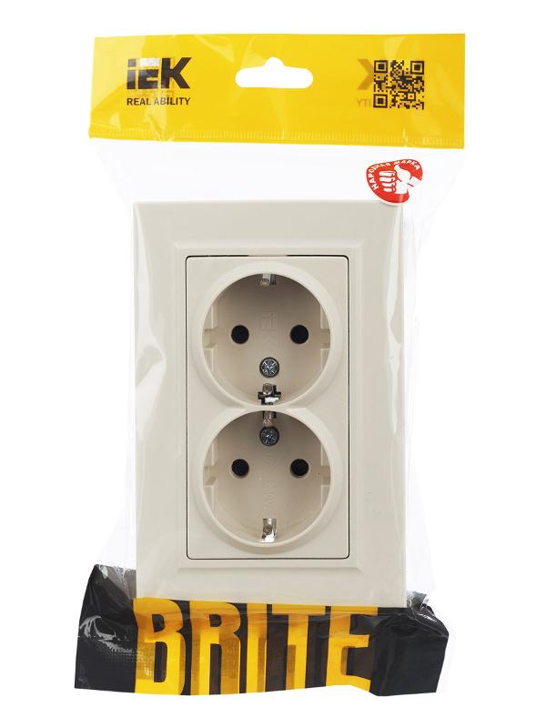 BRITE Розетка 2-ая с заземлением со шторками 16А в сборе РСш12-3-БрКр бежевый | BR-R24-16-K10-F | IEK — миниатюра 17