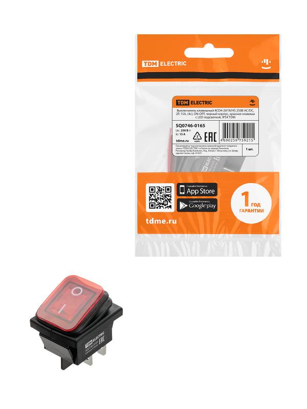 KCD4-201N/HS 250В AC/DC, 2P, 15А, (4с), ON-OFF, черный корпус, красная клавиша, LED, IP54 | SQ0746-0165 | TDM — TDM ELECTRIC