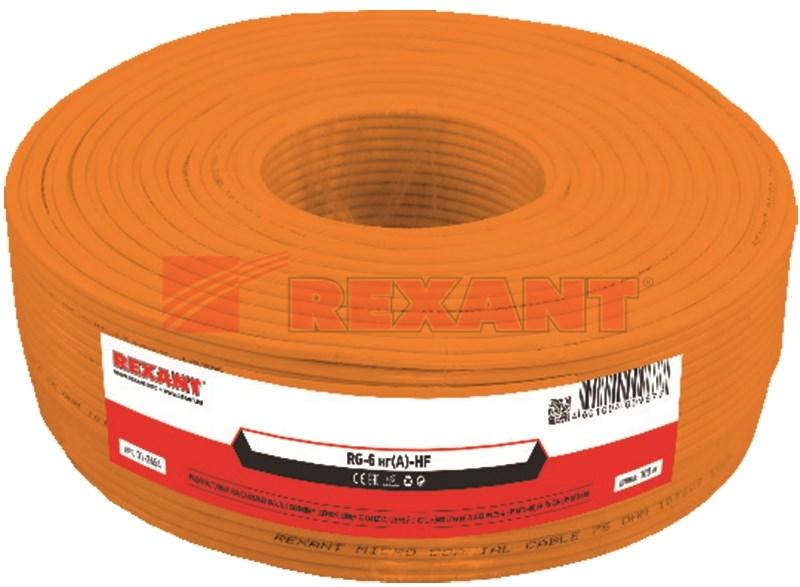 Кабель коаксиальный REXANT RG-6U+Cu нг(А)-HF, Cu/Al/Cu, 64%, 75 Ом, бухта 100 м, оранжевый|01-2654|Rexant — миниатюра 2