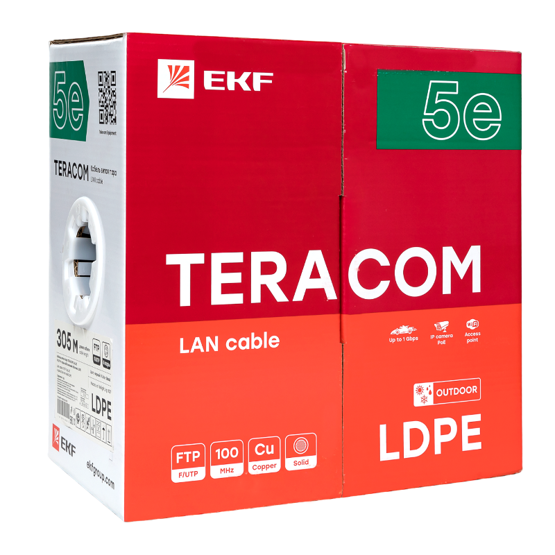 Кабель витая пара TERACOM Cat.5E F/UTP 4 пары solid внешний цвет черный упак. 305м | TRC-5EFTP-04PE-BK-OUT3 | EKF — миниатюра 8