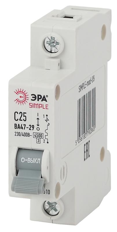 Выключатель автоматический однополюсный SIMPLE-mod-05 ВА47-29 1P 25А 4,5кА характеристика C SIMPLE | Б0039222 | ЭРА — ЭРА (Энергия света)