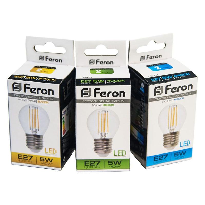 Лампа светодиодная LB-61 (5W) 230V E27 4000K филамент G45 прозрачная | 25582 | FERON — миниатюра 3