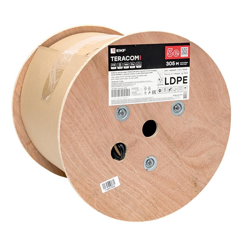Кабель витая пара TERACOM PRO Cat.5E F/UTP 4 пары solid 24AWG 1,2 мм черный катушка 305м | TRP-5EFTP-04PE-BK-OTW3 | EKF — миниатюра 4