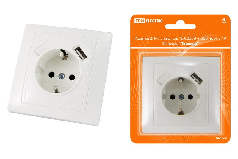 Розетка 2П+З с защ. шт. 16А 250В + USB порт 2,1А 5В белая "Таймыр" | SQ1814-0040 | TDM — TDM ELECTRIC