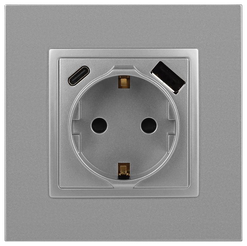 Розетка Elegance 14-4108-03 2P+E 16A-250В со шторками с USB type-A+C 5В-3А алюминий | Б0067741 | ЭРА — миниатюра 4