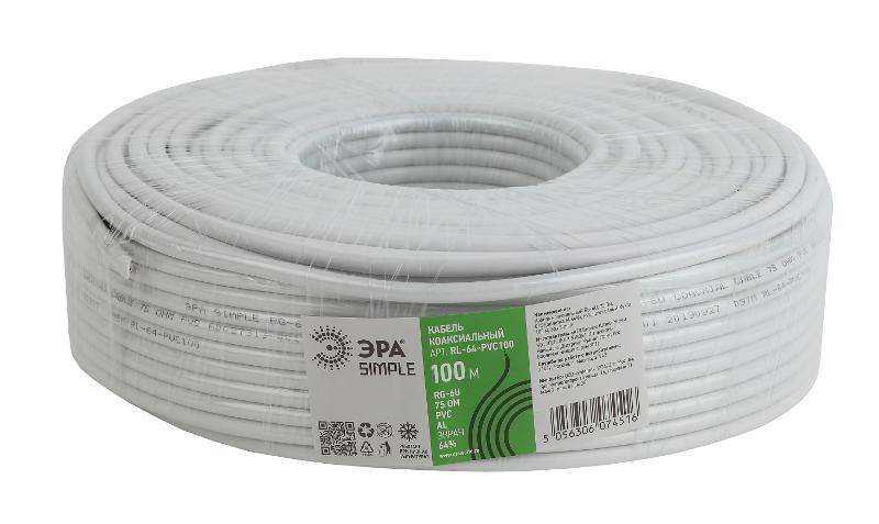 ЭРА Кабель коаксиальный RG-6U, 75 Ом, CCS/(оплётка Al 64%), PVC, цвет белый, бухта 100 м, SIMPLE | Б0044597 | ЭРА — миниатюра 3