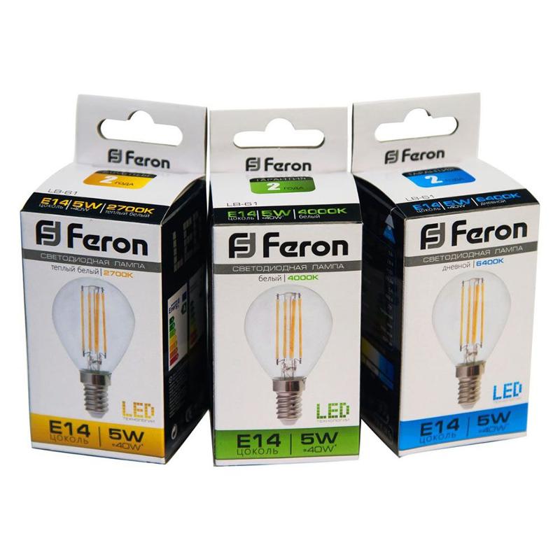 Лампа светодиодная LB-61 (5W) 230V E14 4000K филамент G45 прозрачная | 25579 | FERON — миниатюра 4