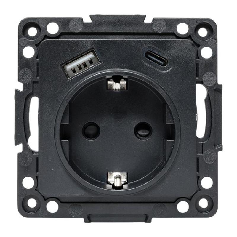 Стокгольм Механизм Розетки 1-местной с/з, USB A+C 16А винтовые клеммы черный с защ. штор. | EZR16-2USB-typeA-typeC | EKF — миниатюра 12