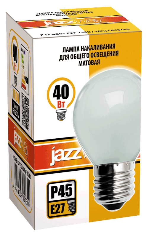 Лампа накаливания ЛОН  40Вт Е27 240В P45 frosted | 3320300 | Jazzway — миниатюра 2