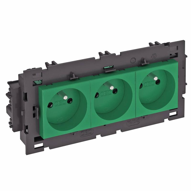 Розетка тройная 0° Modul45connect франц. стандарт, 250 В, 16A (зеленый) (STD-F0C8 MZGN3) | 6120646 | OBO Bettermann — OBO Bettermann
