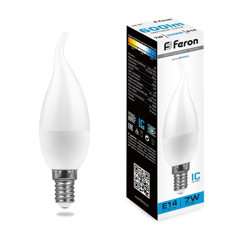 Лампа светодиодная, (7W) 230V E14 6400K на ветру C37T, LB-97 | 38135 | FERON — миниатюра 1