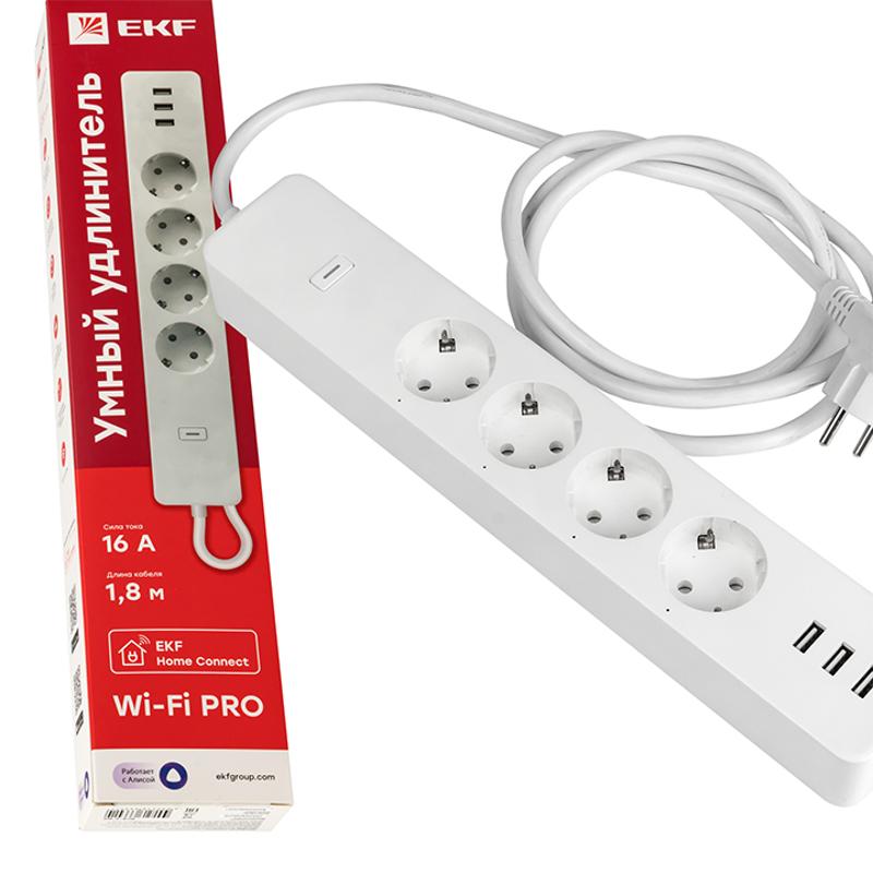 Удлинитель Умный с управлением по Wi-Fi PRO 4 гнезда + 3хUSB с выкл. бел. HomeConnect | RCE-2-WF | EKF — EKF