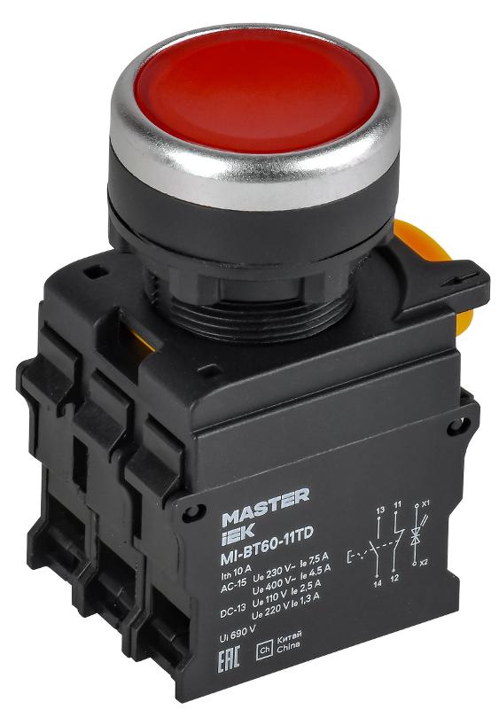 Кнопка с подсвет. и фикс. d=22мм 1NO+1NC красная MASTER | MI-BT60-11TD-3-11-K04 | IEK — IEK (ИЭК)