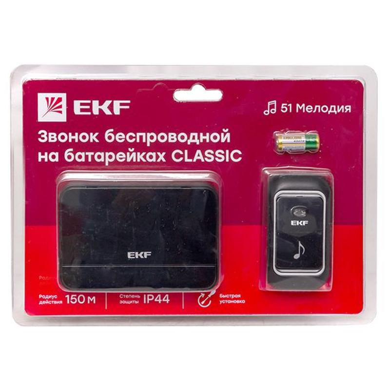 Звонок беспр. на батарейках Classic (2х1,5В АА, черный, 51 мелод. с индик. 4 ур.) EKF | DBB-D-003B | EKF — EKF