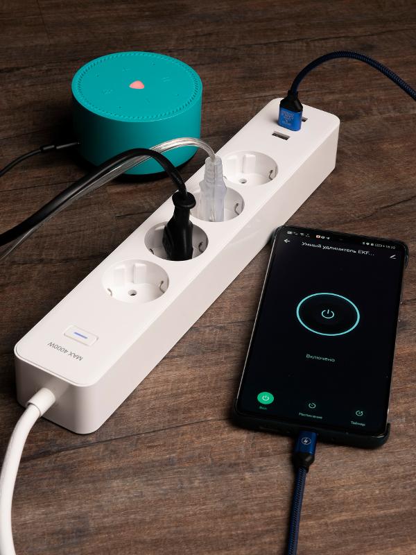 Удлинитель Умный с управлением по Wi-Fi 4 гнезда + 3хUSB с выкл. бел. HomeConnect | RCE-1-WF | EKF — миниатюра 5